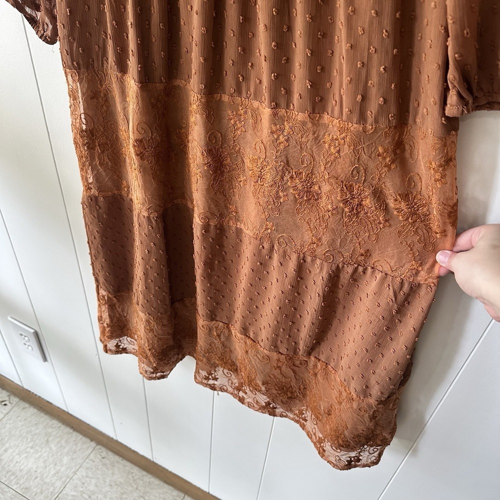 Pologram Swiss Dot Lace Boho Empire Waist Dress Burnt Orange Large Flowy Midi - Picture 3 of 8